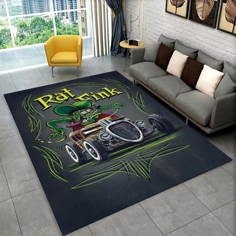 3D Rat Fink Cartoon Racing Car Moto Sign Carpet Rug for Bedroom Living Room Sofa Doormat Home Decor,Kid Game Area Rug Non-slip