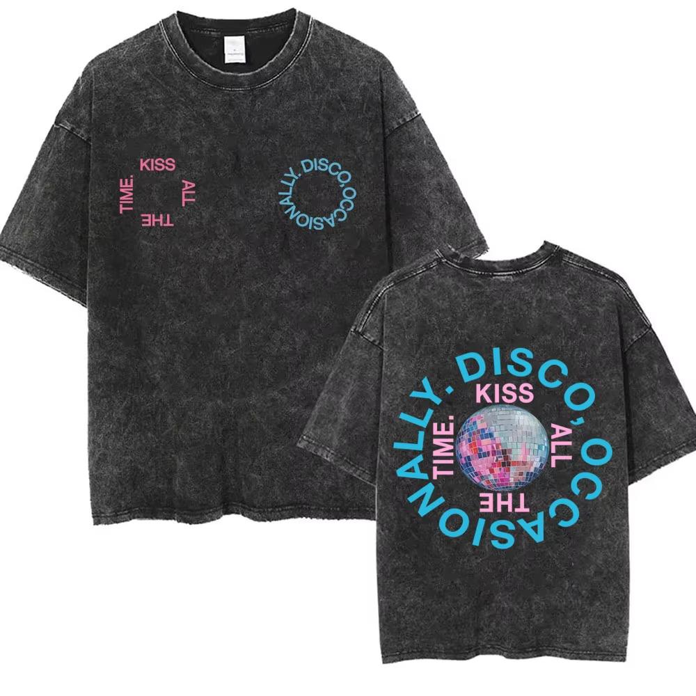 Kiss All The Time Disco Occasionally Washed Vintage T-shirts Fans Gift Men Women Fashion Pop Music Streetwear Male Oversized Tee