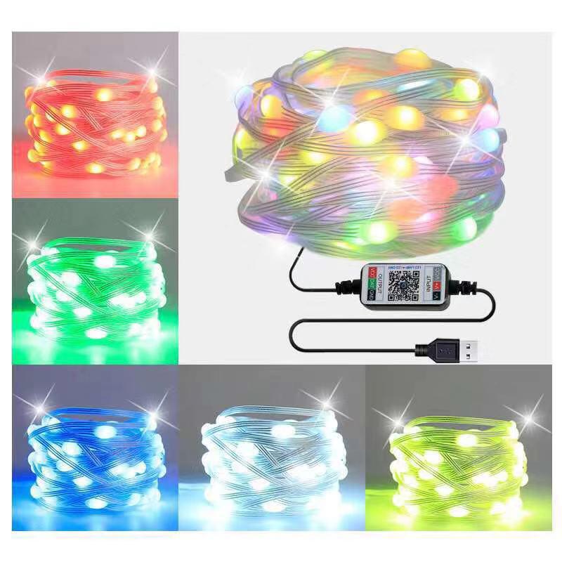 Bluetooth RGB Светодиодные гирлянды из кожаного шнура с меняющимся цветом для Рождества, улицы и кемпинга