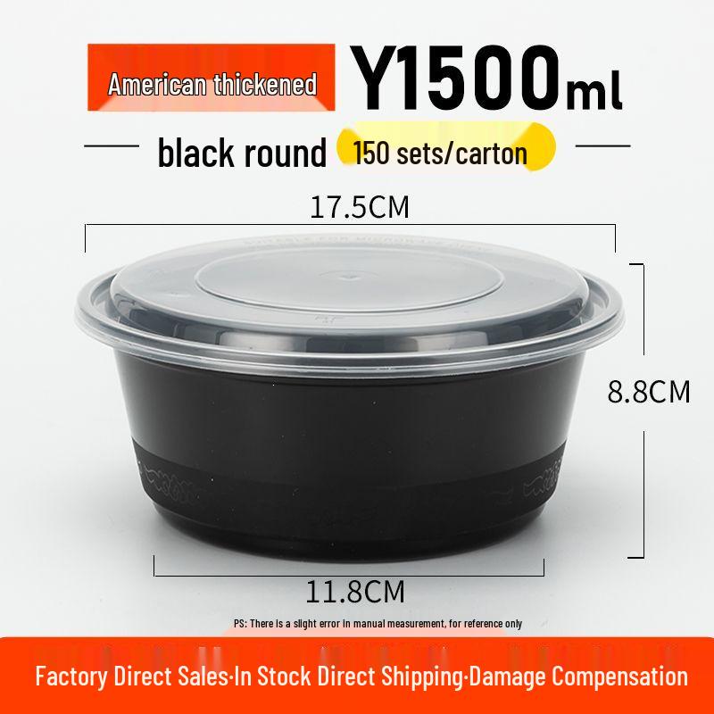 American Black Round Disposable Food Container, 350ml-1500ml - High-End Plastic Takeout Box