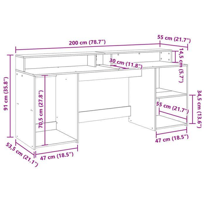 VidaXL Bureau et lumières LED sonoma gris 200x55x91 cm bois ingénierie, bureau d'écriture, bureau d'ordinateur, bureau à 3309443