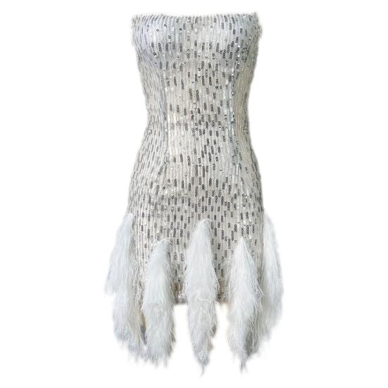 Women Evening Dress Sequin Fluffy Fur Decor Sleeveless Off Shoulder Skinny Sheath Backless