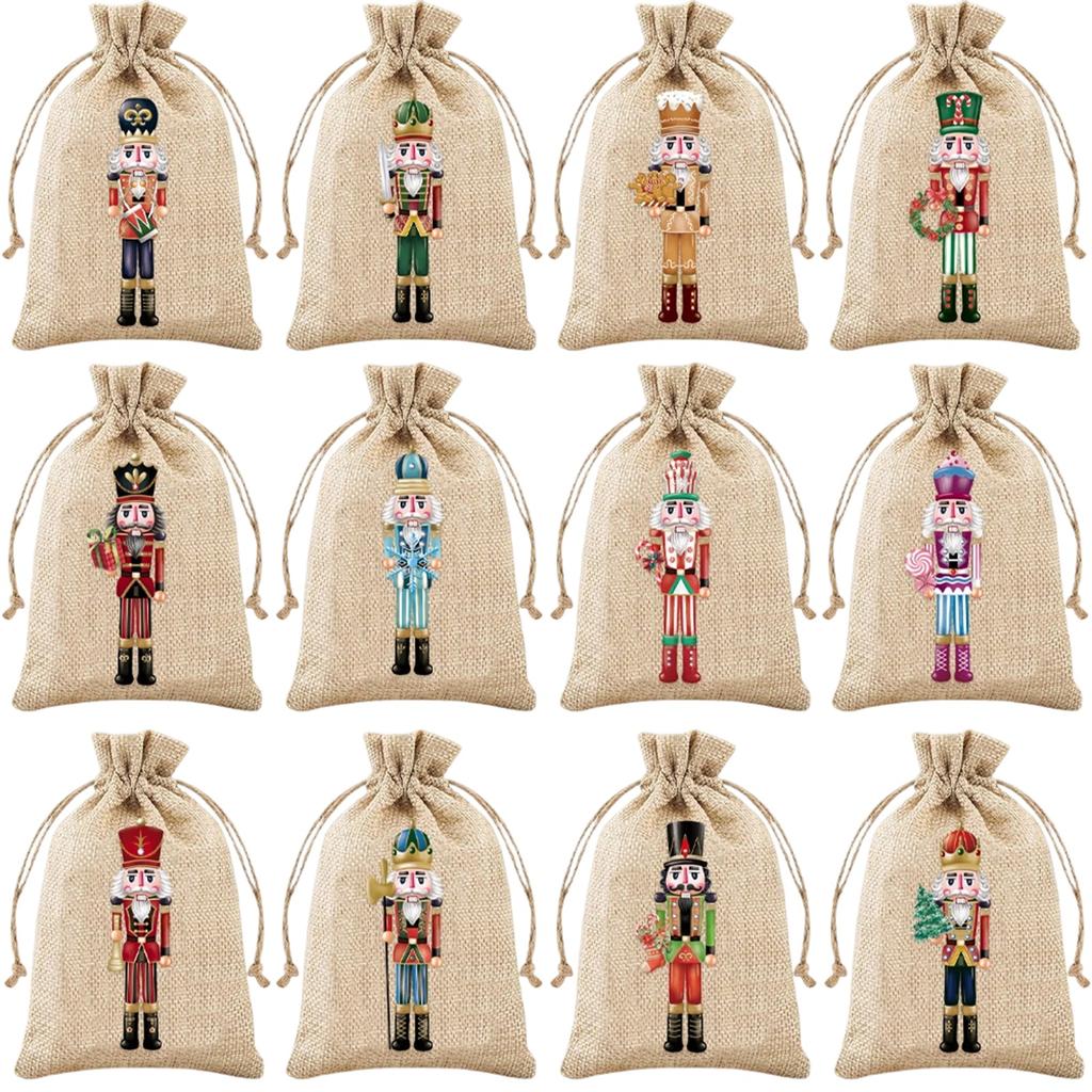 12 шт. Подарочные пакеты для вечеринки, Льняные упаковочные мешки, Рождественские подарочные мешочки