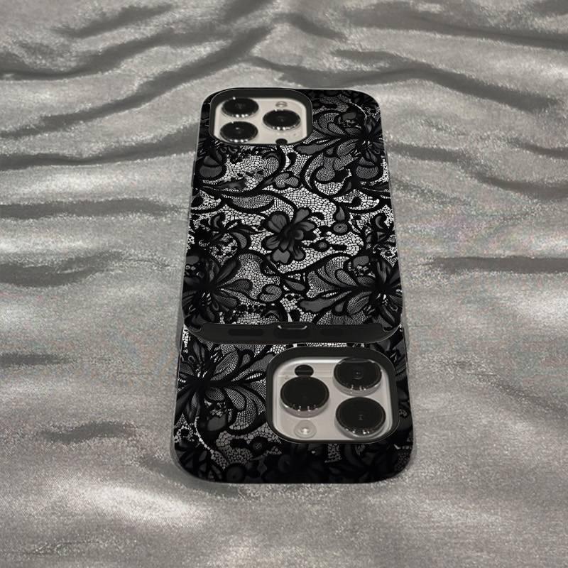 Luxury Black Lace Pattern Phone Case For IPhone 17 16 Pro Max 15 14 Plus 13 12 11 Pro Air Protective Soft Elegant Vintage Cover