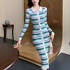 Temperament Slim Striped Knitted Sexy Dress Women Elegant Autumn Single Breasted Casual Women's Sweeter Dresses Winter Long Sleeve Lady Dress 25949