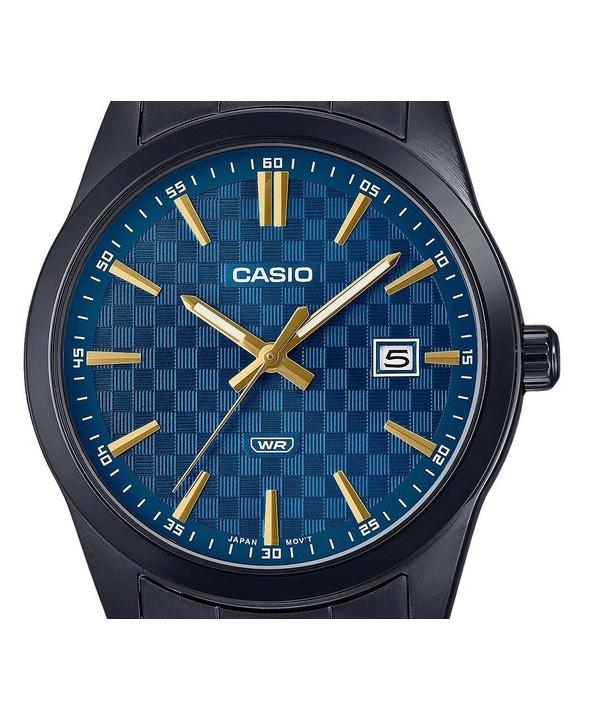 Casio Стандартные аналоговые кварцевые мужские часы из нержавеющей стали с черным ионным покрытием и синим циферблатом MTP-VD03B-2A