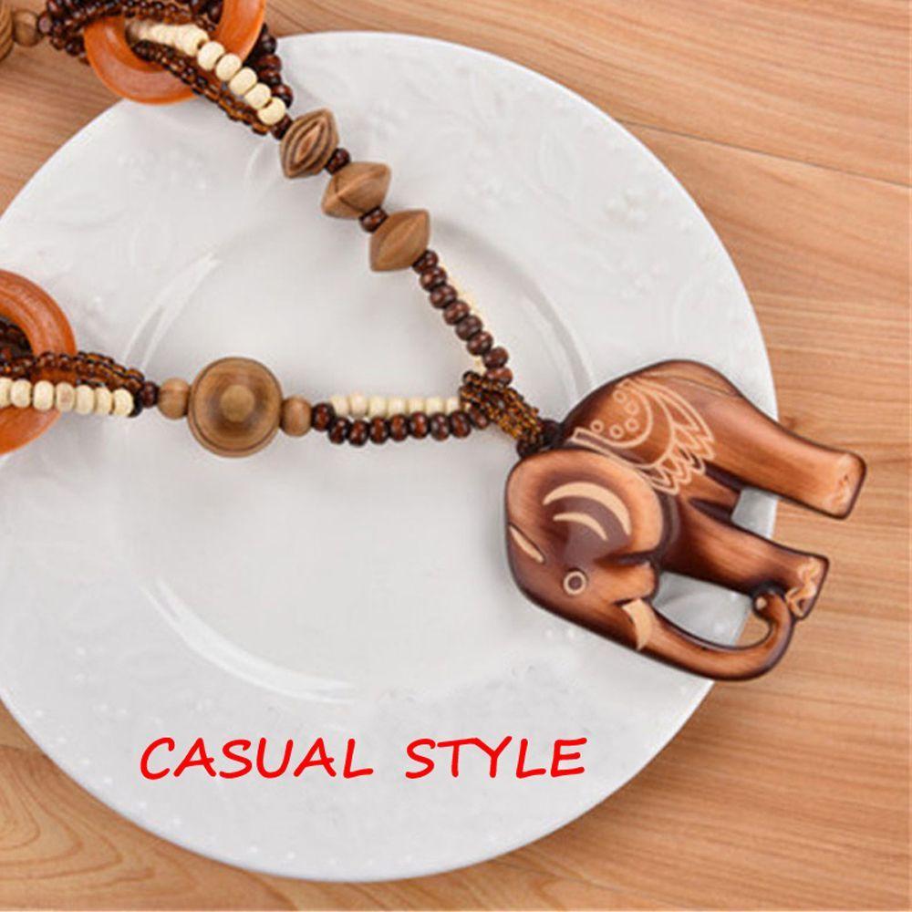 Wholesale Price Hot Sale for Women Necklace Long Hand Made Bead Wood Elephant Pendant Ethnic Style
