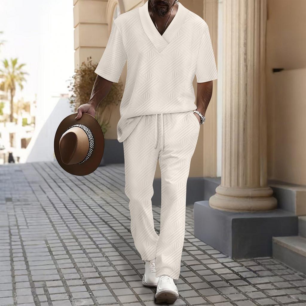 Мужской однотонный повседневный комплект из двух предметов с короткими рукавами и воротником