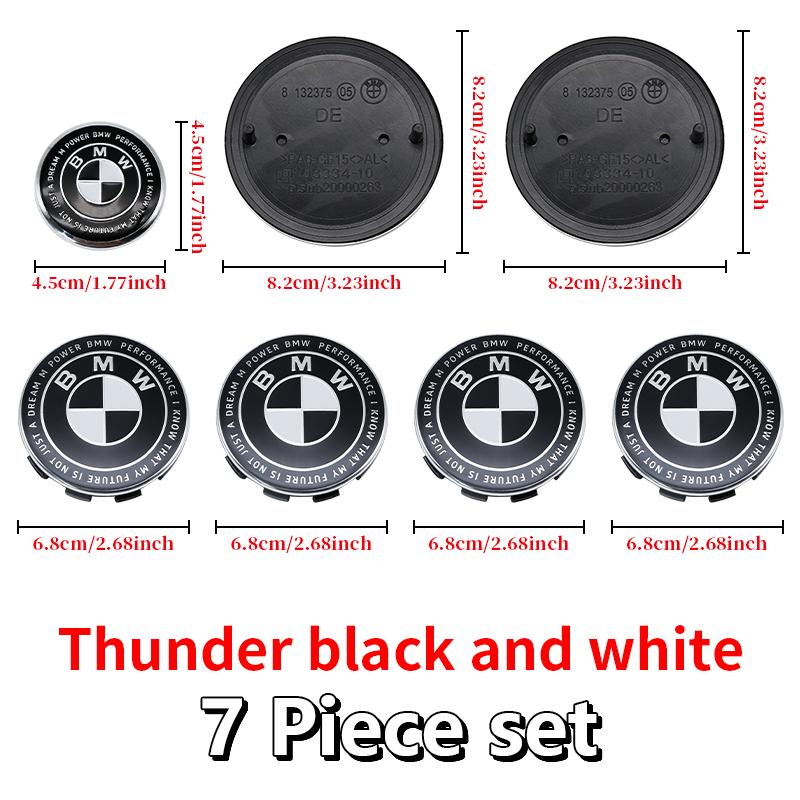 BBKR7 Car Thunder black white Logo Front Hood Emblem 82mm+Rear Badge 74mm+Wheel Hub Cap 68mm+56mm steering wheel sticker For All BMW