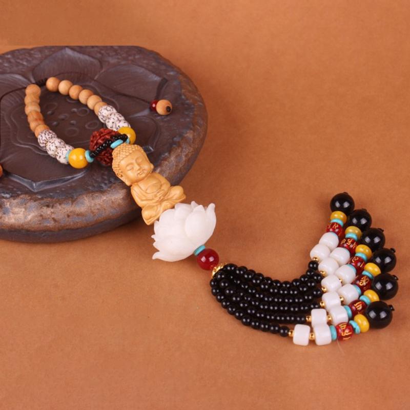 Car Pendant Wood Carved Lotus Buddha Car Rearview Mirror Pendant Decoration Auto Interior Accessories Bring Safety Luck
