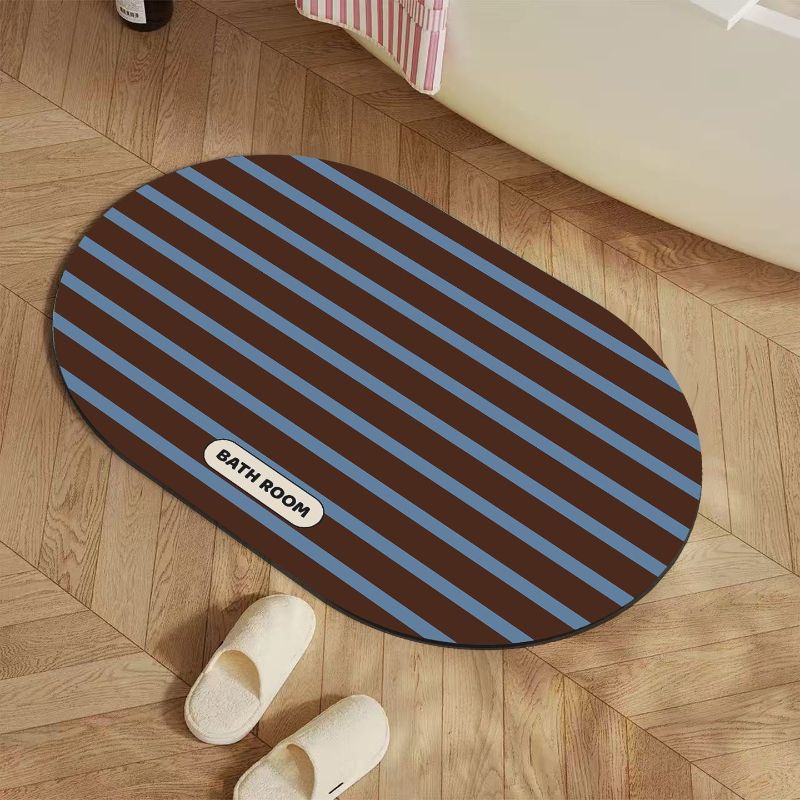 Minimalist Striped Oval Bathroom Mat, Water Absorbent Non Slip Quick Dry Cushioned Shower Rug Home Decor