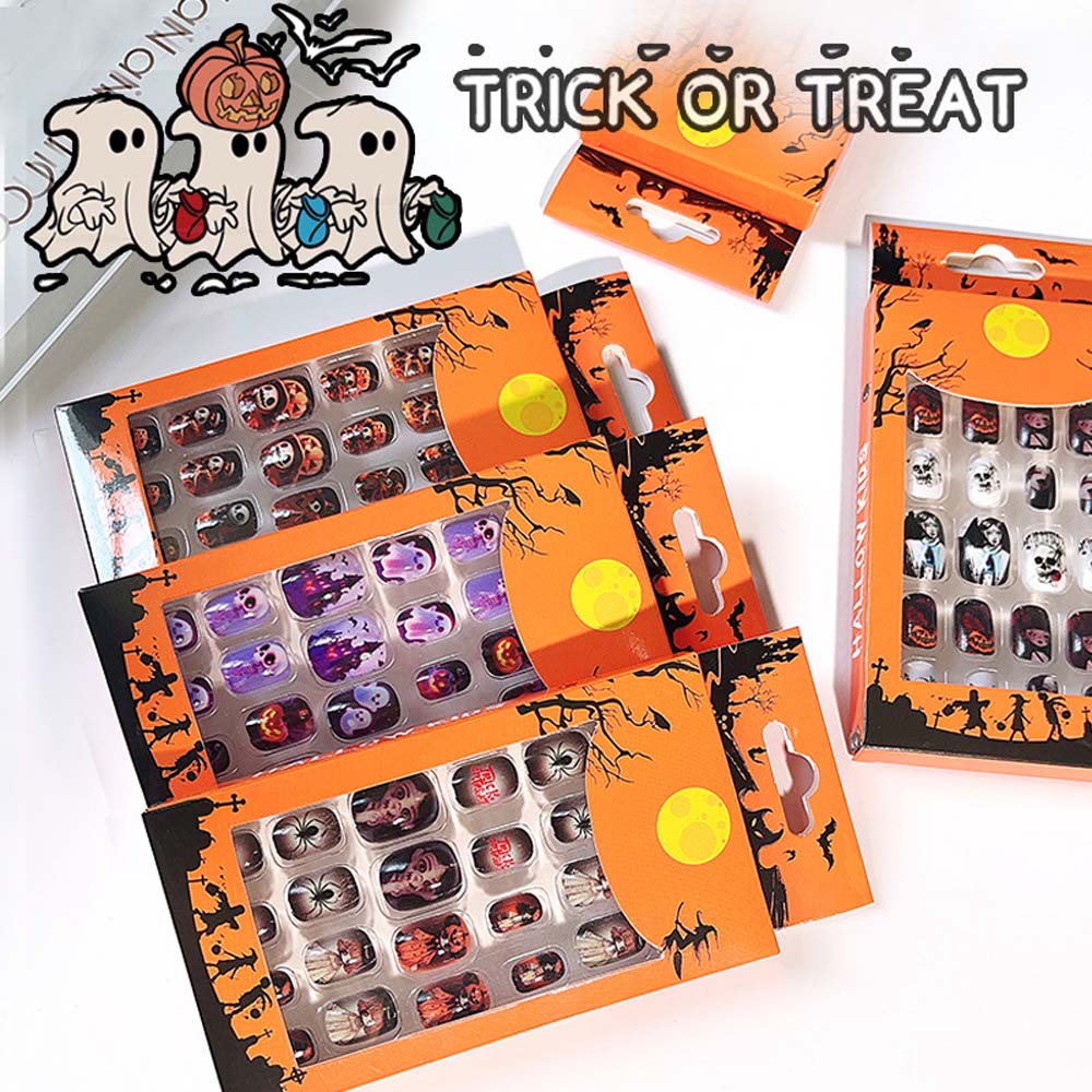 24Pcs/set Pumpkin Children Halloween False Nails Ghost Kids Fake Nail Extension  Girls