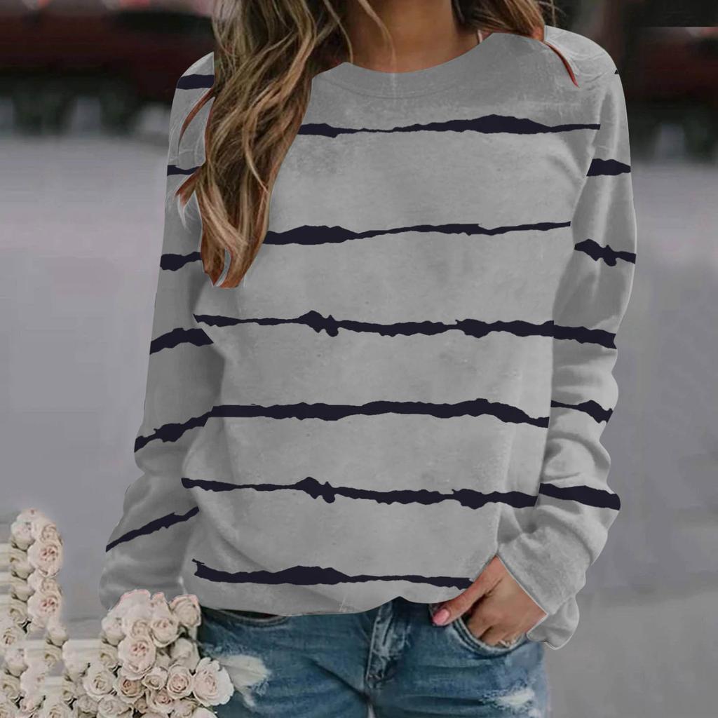 Women's Striped Printed Tops Casual Round Neck Long Sleeve Tops