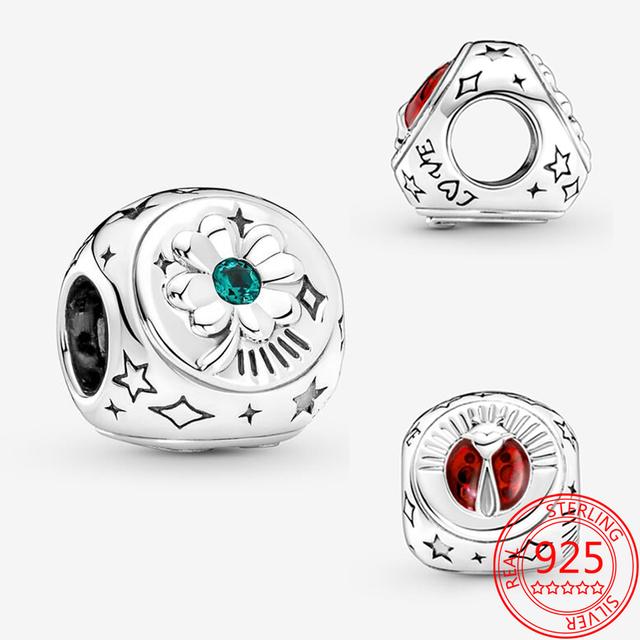 Real New S925 Sterling Silver Clover ,Horseshoe and Ladybug Three Sided Charm Fit Fashion Bracelets Diy Jewelry Gifts for Girls
