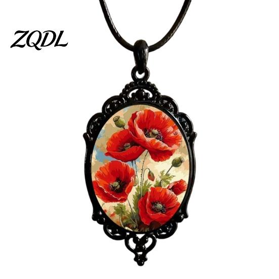 Romantic Botanical Necklaces Oval Floral Pendant Necklace, Vintage Glass Dome Rose Unique Adjustable Cord Retro Jewelry for Women Girls Nature