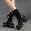 Johnature Genuine Leather Splicing Stretch Fabric Thick Soled Mid-calf Boots Versatile Women's Platform Boots