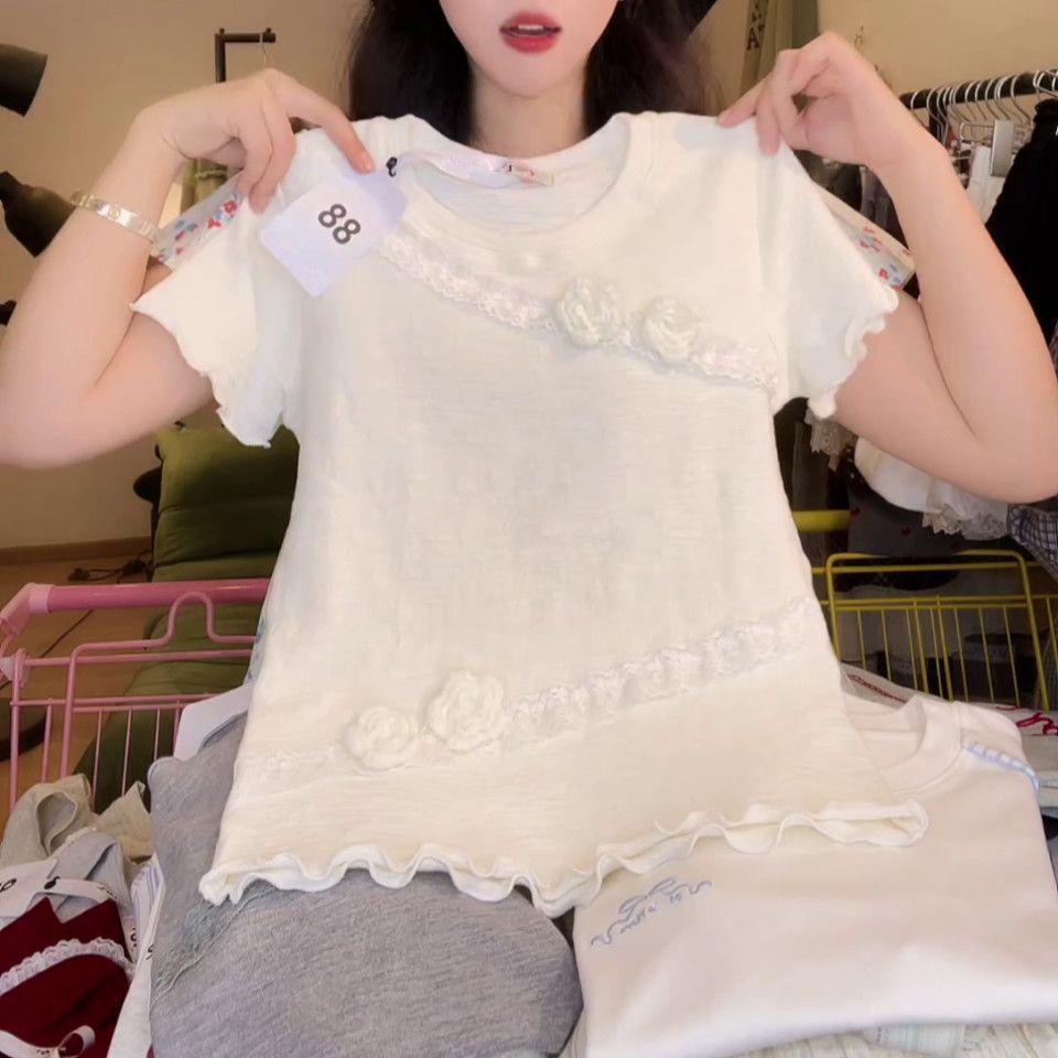 Непрозрачный кружевной лоскутный хлопковый топ с прямыми плечами и короткими рукавами - летняя футболка в стиле преппи