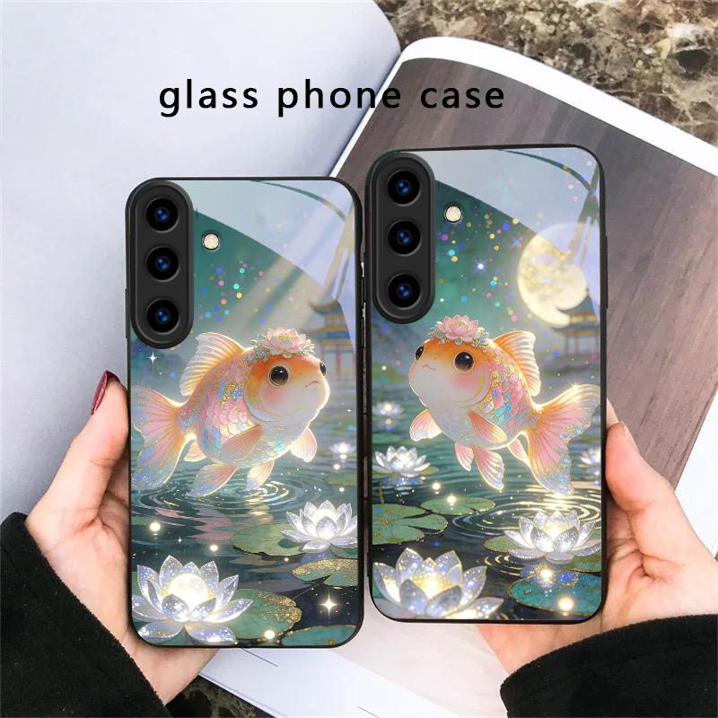 Милый золотой рыбка вуалехвост Для Samsung Galaxy S20 S21 S22 S23 Plus S24 FE S25 Ultra S26 Edge S25+ S20+ S22+ Черный стеклянный чехол для телефона