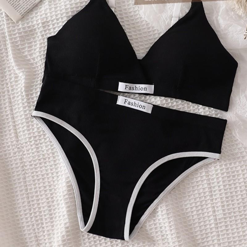 Women Bra Set Sexy Briefs Low Waist Panties Wire Free Bra Bralette Lingerie Brassiere Female Cotton Underwear Set
