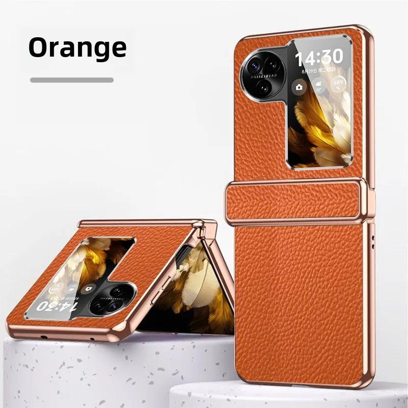 Гальванизированная золотая и серебряная рамка Чехол для телефона из искусственной кожи с узором личи для для OPPO Find N2 N3 Flip Защитная крышка для шарнира