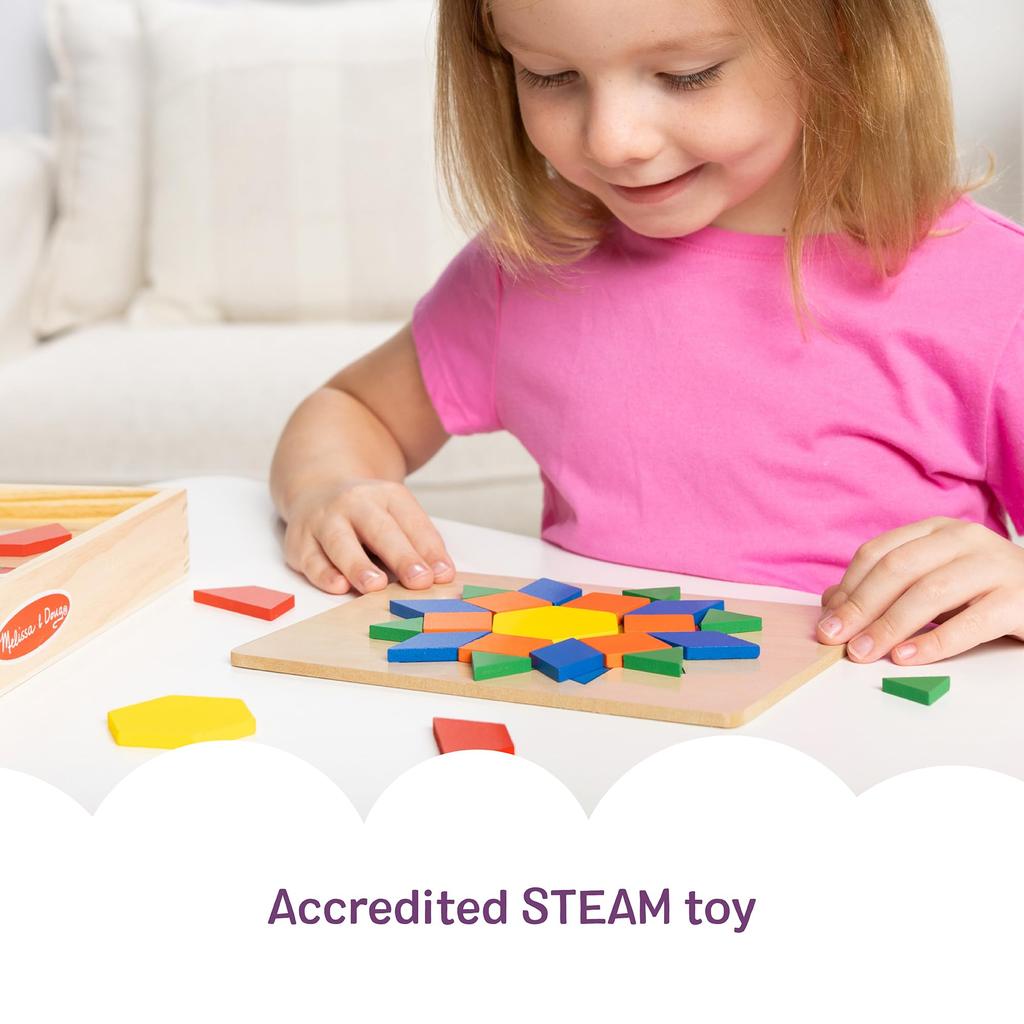Melissa & Doug Wooden Toy Pattern Blocks with Board, 125 Pieces, Authentic, 29