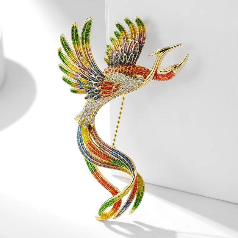 Elegant Phoenix Brooch with Rhinestones and Enamel - Colorful Long-tailed Pin Accessory
