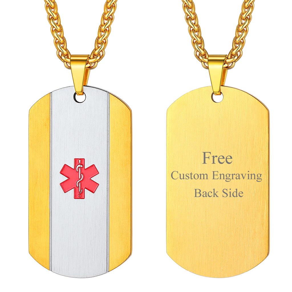 U7 Stainless Steel Custom Data Engrave ID Medical Alert Tag Necklace Men Women First Aid Allergy Infomation Emergcy Med Jewelry