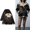 Autumn Winter Women's Faux Leather Double Faced Jacket Lapel Long Sleeves Faux Shearling Lining Thickened Warm Jacket Coat