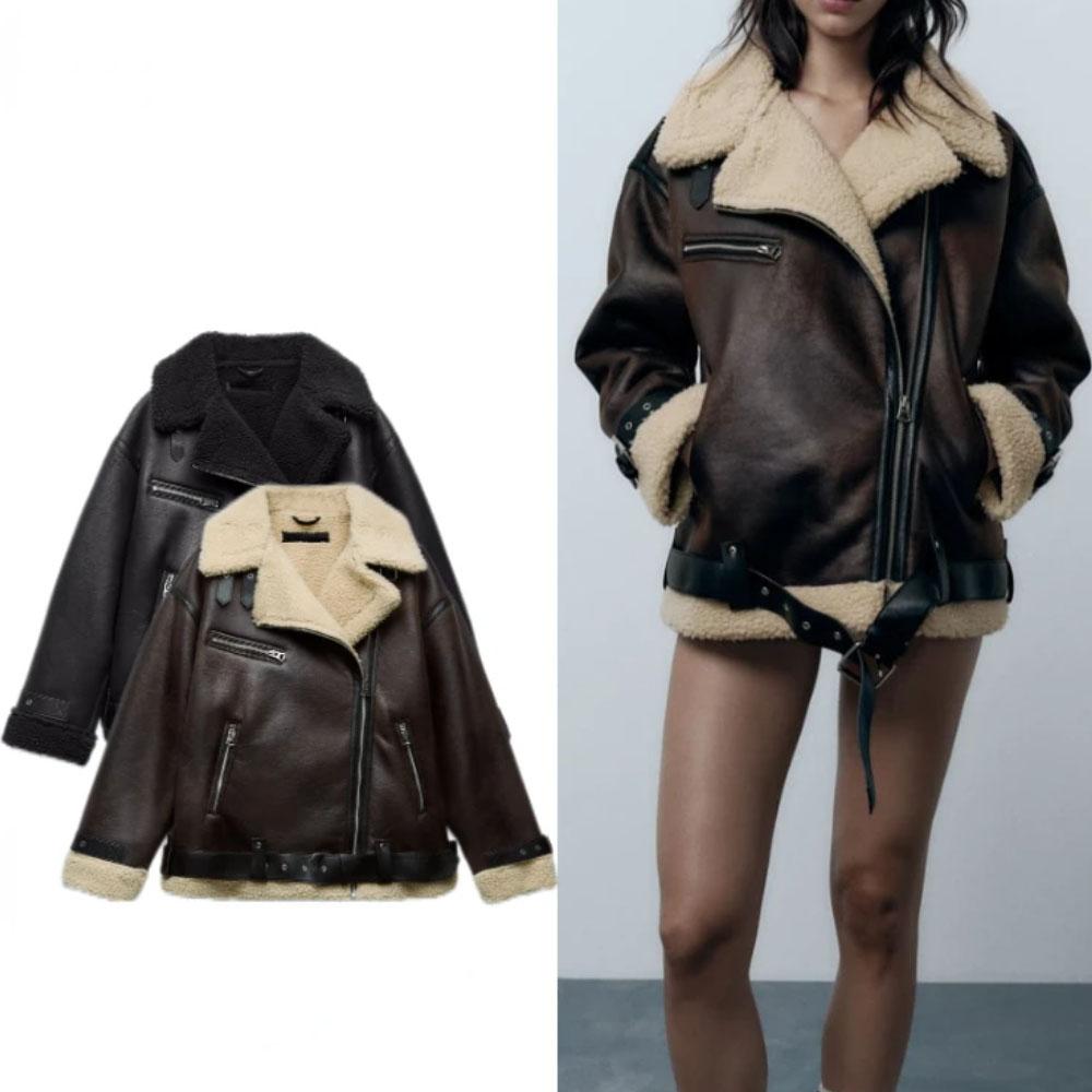 Autumn Winter Women's Faux Leather Double Faced Jacket Lapel Long Sleeves Faux Shearling Lining Thickened Warm Jacket Coat