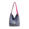 Women Contrast Color Lattice Magnetic Buckle Bucket Bag Leisure Canvas Cloth Shoulder Bags Tote Handbag