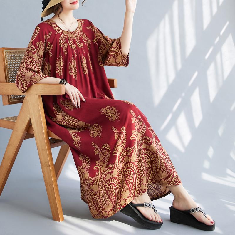 DIMANAF Большие размеры женское 2024 новое летнее хлопковое свободное платье винтажное платье с круглым вырезом базовые длинные платья оверсайз