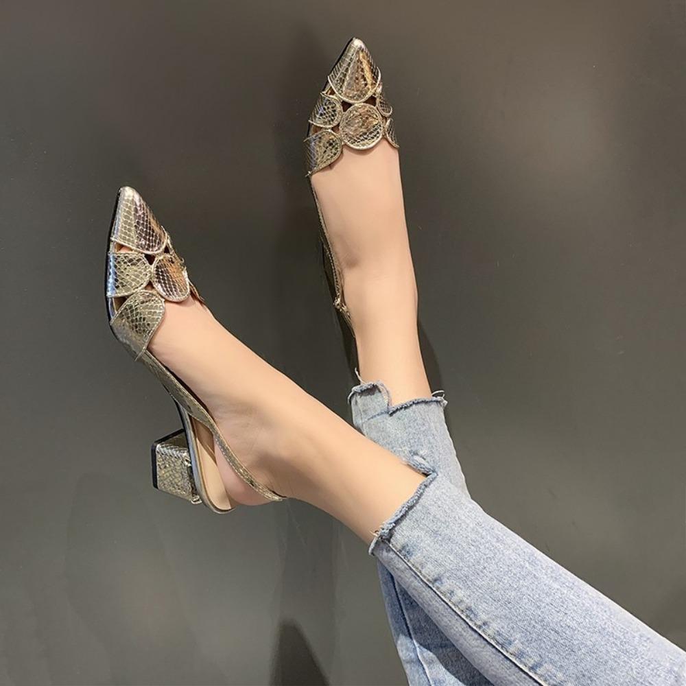Fashion Women's Sandals 2024 Hot Selling New Summer Hollow Gold Open Heel Belt Buckle Fashion Outdoor Women's High Heel Sandals Slip On