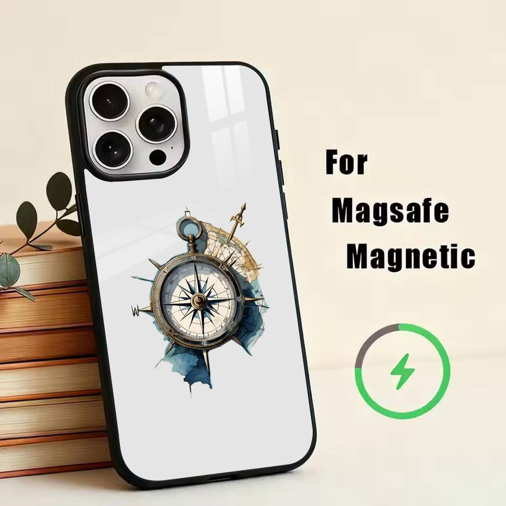 Vintage Nautical Compass Phone Case For iPhone17,16,15,14,13,12,11 Plus,Pro Magnetic with Magsafe Wireless Charging
