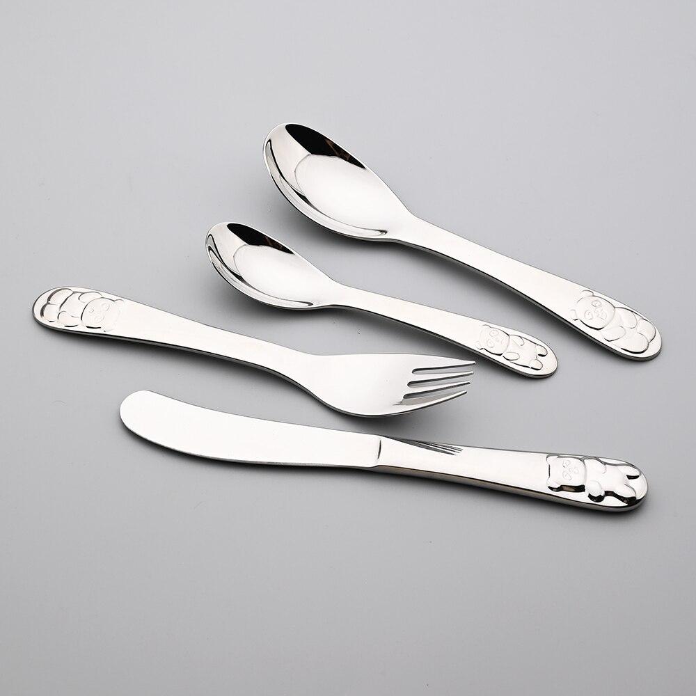 4 Pcs Silver Dinnerware Cutlery Spoon Food Feeding Fork Knife Utensils Set 304 Stainless Steel Learning Eating Panda Pattern Tableware