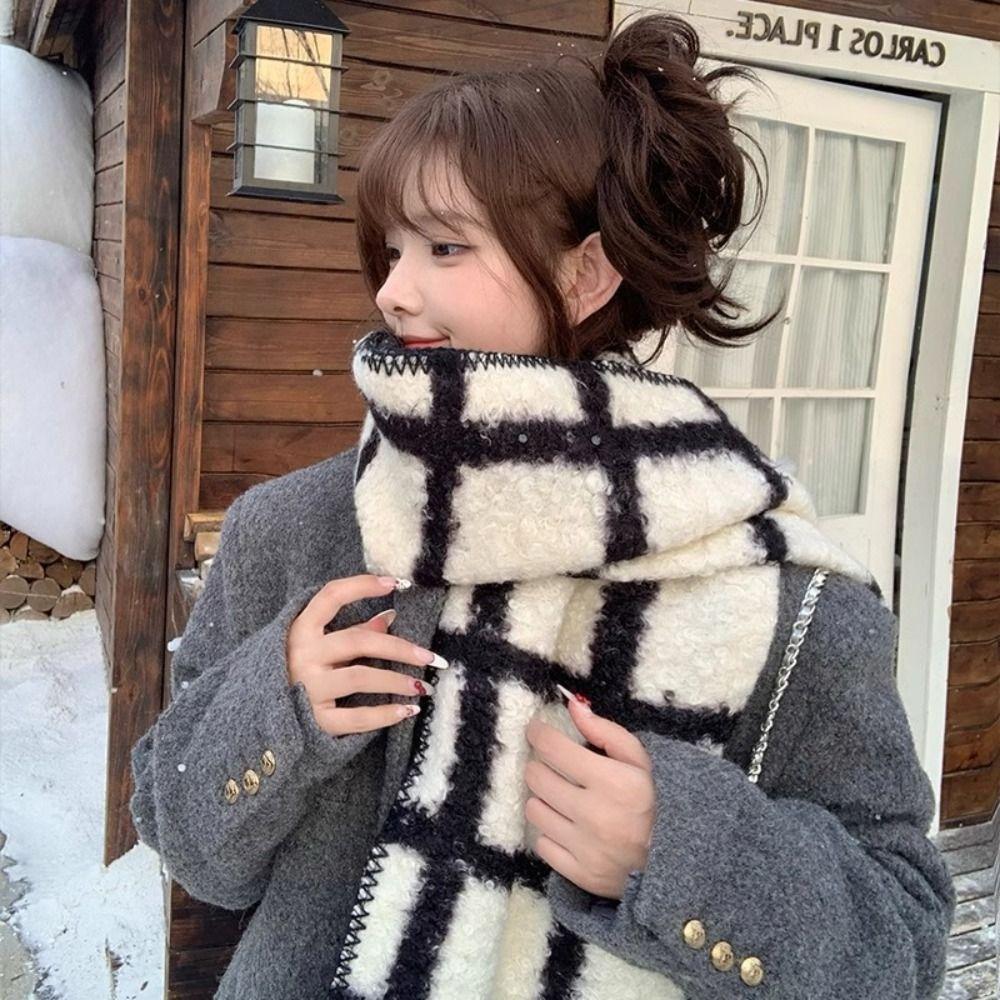 Korean Style Plaid Fleece Scarf Coldproof Winter Cashmere Shawl Elegant Curly Wool Scarf Women
