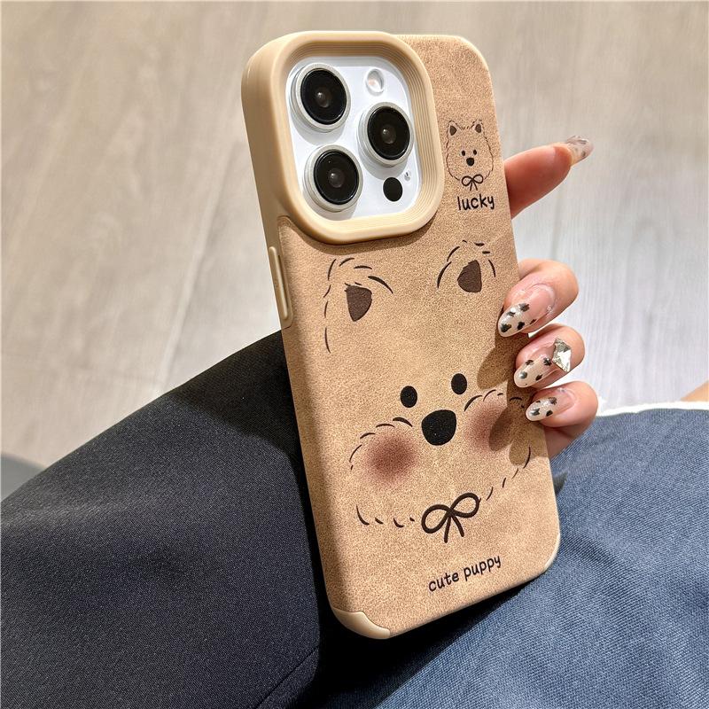 Cute Dog 16promax Brown Leather Silicone Phone Case for Apple 15plus All-inclusive for IPhone14/13