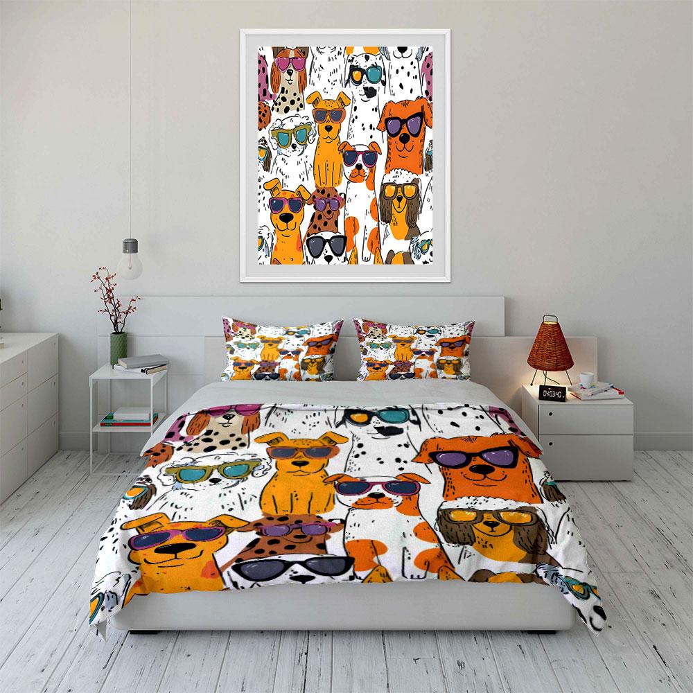 Colorful Dog Pattern Decor Set Bedding Set with 1 Duvet Cover 2 Pillowcases Single Double King Queen, Gift