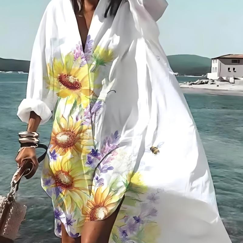 Весенне-летняя мода женское свободное повседневное платье-рубашка с длинным рукавом элегантное женское повседневное белое однобортное платье с принтом и лацканами