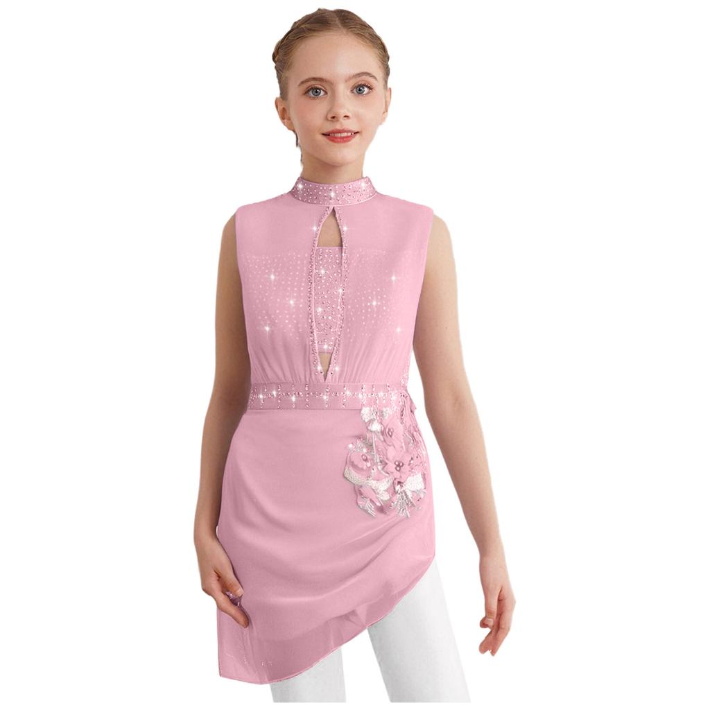 Girls Dance Costume Sleeveless Backless Design Sheer Mesh Overlay Sparkle Rhinestone Asymmetrical Skating Dress
