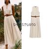 Summer New Arrival Elegance Sleeveless V-neck Dress Linen Blend with Belt Midi Skirt Dress 8137775