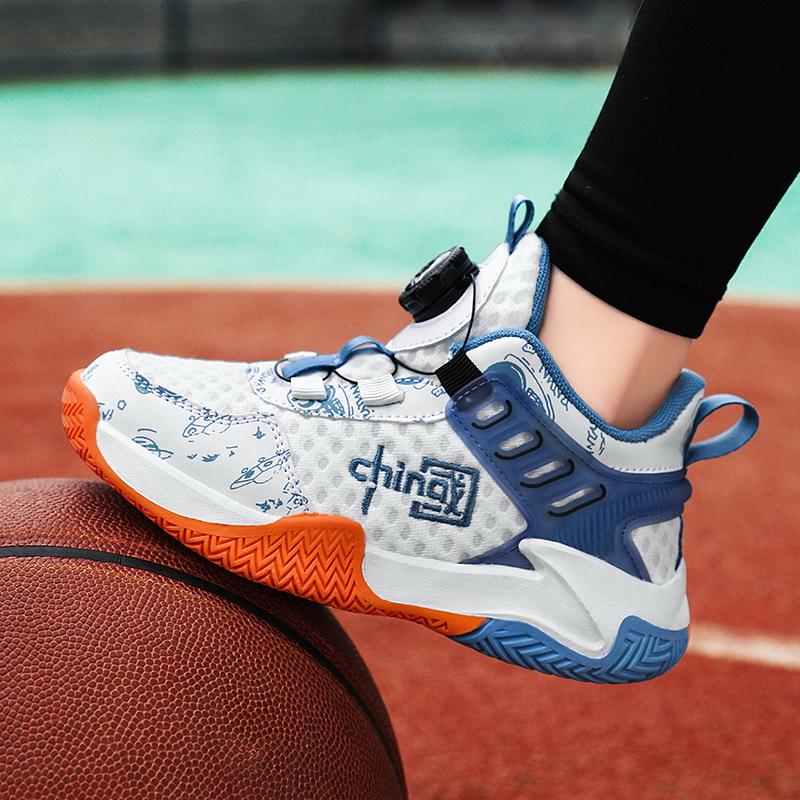 Новые детские баскетбольные кроссовки с вращающимися кнопками для мальчиков, молодежные нескользящие амортизированные спортивные туфли, повседневная обувь для мальчиков