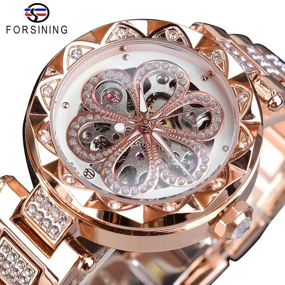 Forsining Elegant Fashion Women Automatic Mechanical Watches Luxury Diamond Stainless Steel Waterproof Ladies Stylish Wristwatch