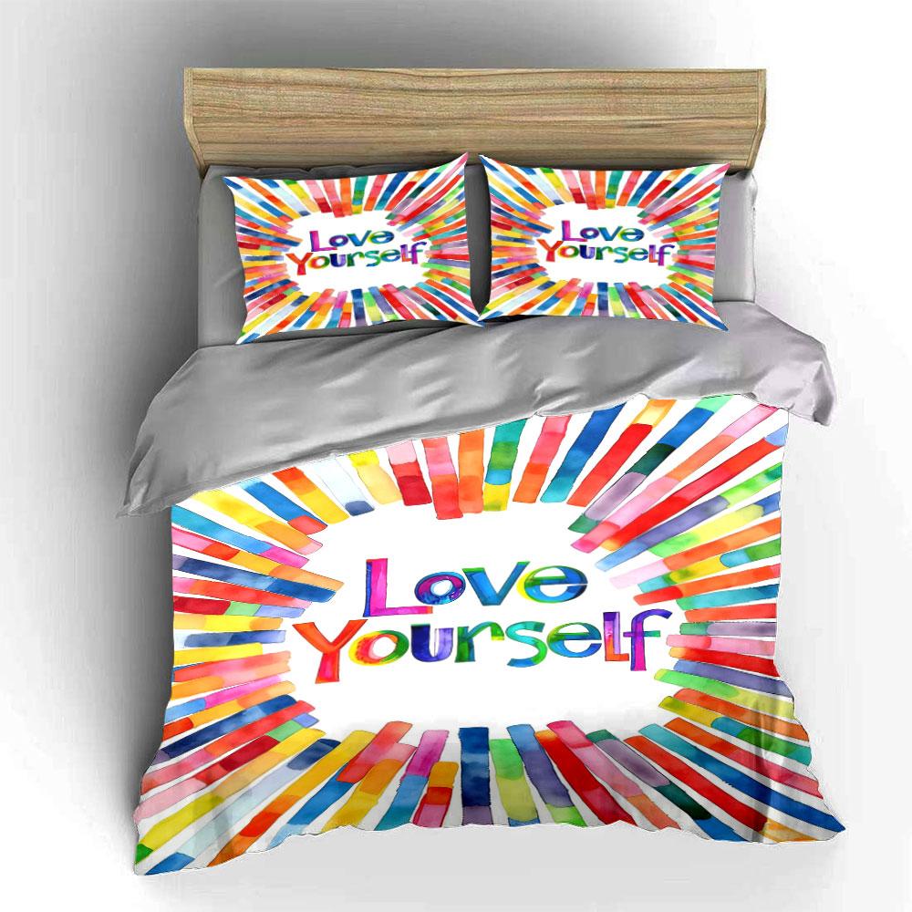 Rainbowcolored stripes "Love Yourself". Bedding sets Duvet cover sets Duvet covers Pillowcases(1 * Duvet Cover 2 * Pillowcases, without duvet insert)