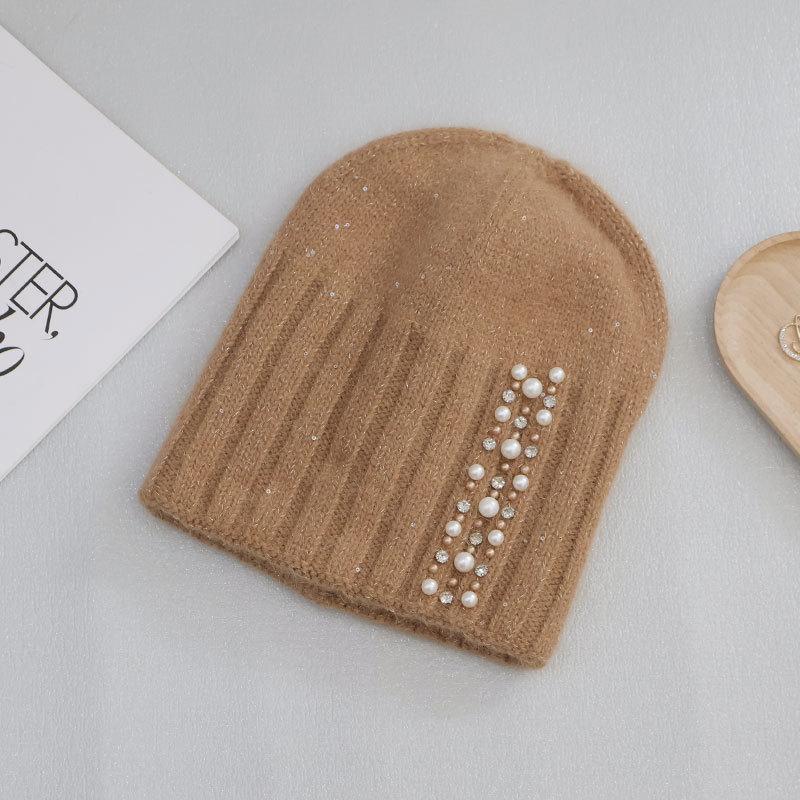 Пуловер из кроличьего меха, вязаная шапка, женская, осенне-зимняя, теплая шерстяная шапка, модный головной убор с жемчугом, для улицы