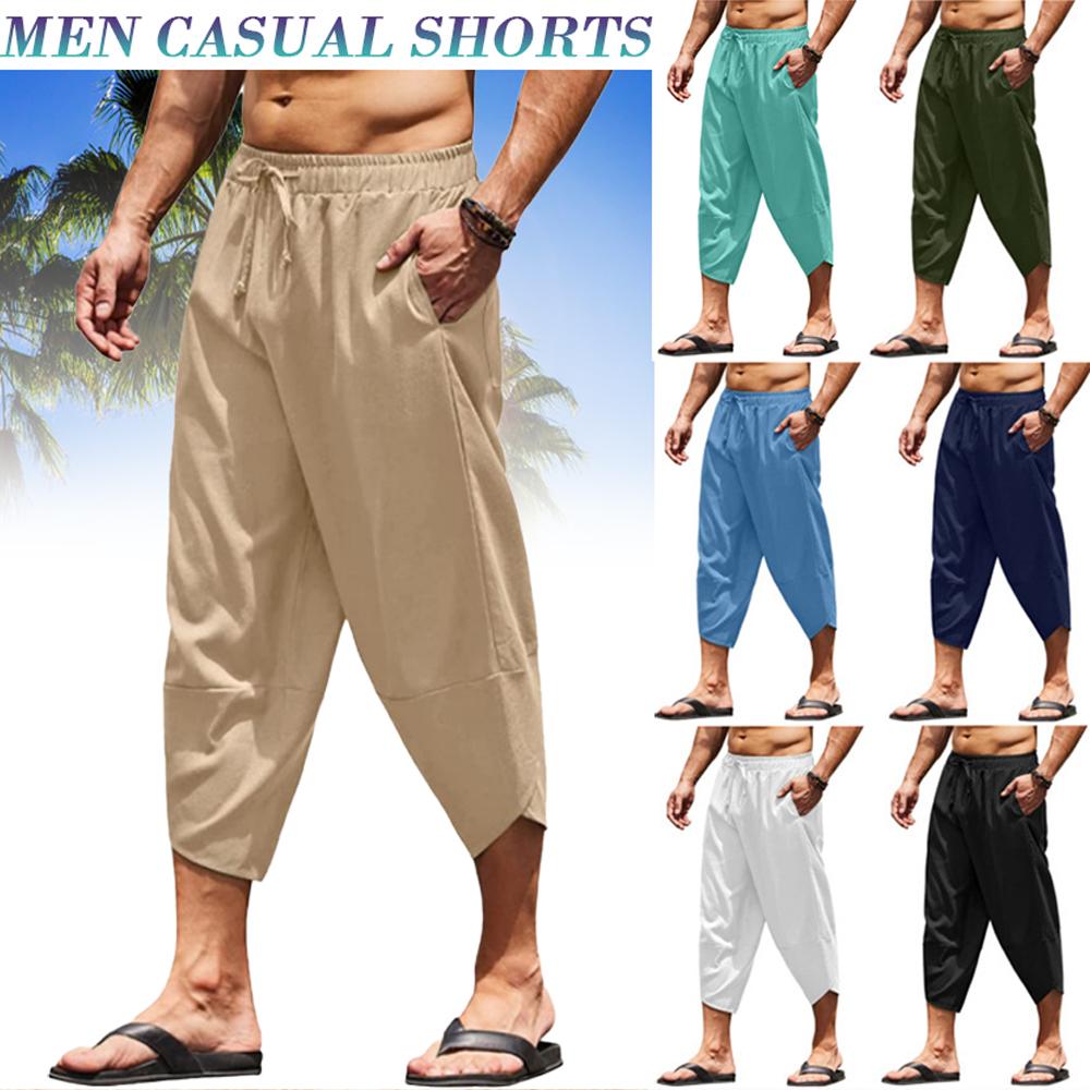 Мужские хлопковые льняные шорты 3/4 свободного кроя, брюки-бермуды, короткие летние длинные повседневные брюки
