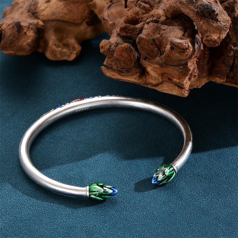 New Enamel Bracelet for Female China-Chic, Cloisonne, Lotus Flower, Burnt Blue, Retro Bracelet for Mother's Birthday Gift