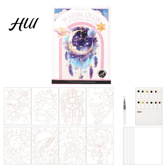Travel Watercolor Painting Kit Portable Gouache Book Tri-Fold Design Pad Set with Art Creation 12 Color Grids Ergonomic Brush Stress Relief All-in-one