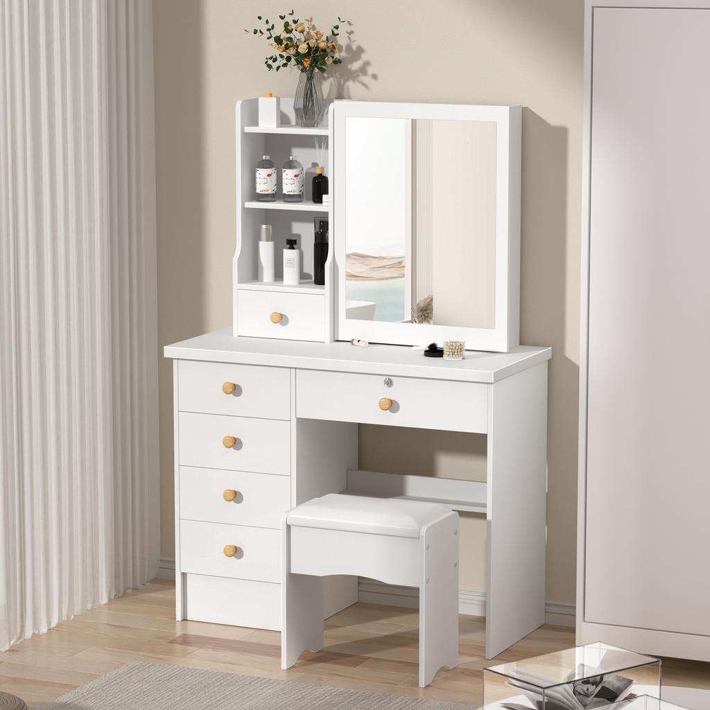 Vanity White Dressing Table with Sliding Mirror & Stool 4 Drawers Home High-end Bedroom Dressing Cabinet Integrated Small Apart
