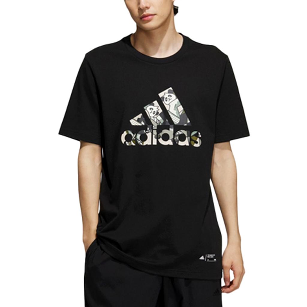 adidas Футболка с логотипом алфавита, мультяшной пандой и принтом, с круглым вырезом и короткими рукавами, мужские топы, черный IP3968