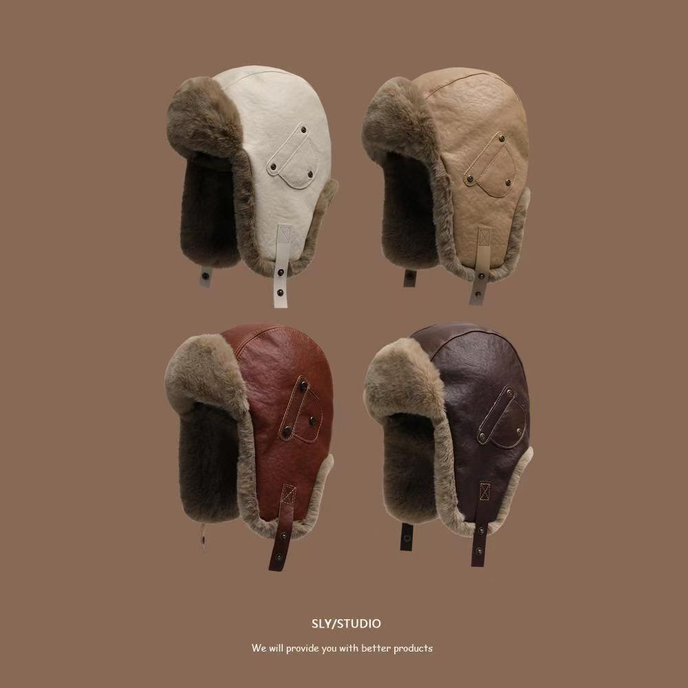 Retro Leather Lei Feng Winter Aviator Hat - Unisex Warm Fleece-Lined Ski & Cycling Ear Protection